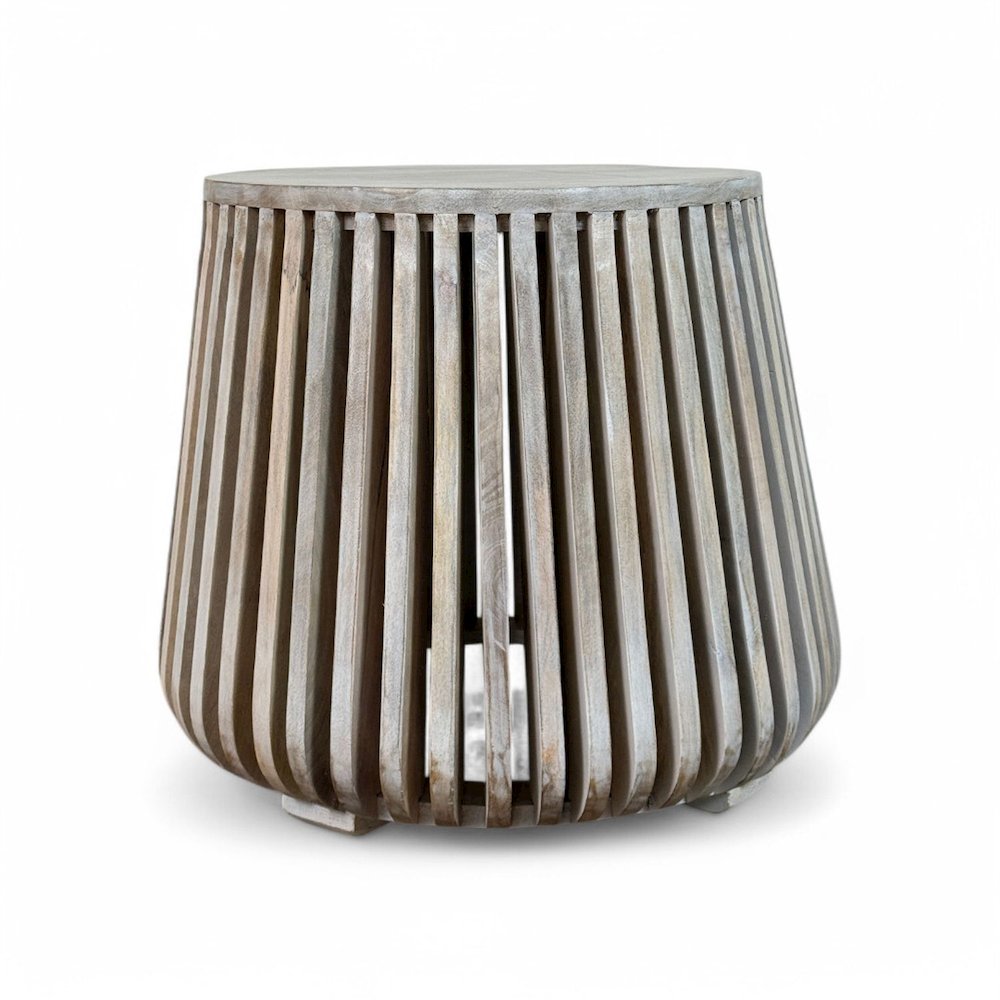 Cascade 24"x21" Slatted Bell Shaped Side Table - Whitewash. Picture 3