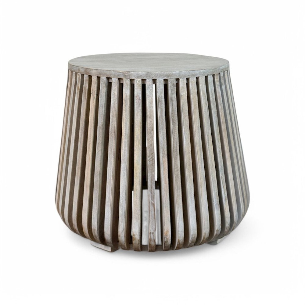 Cascade 24"x21" Slatted Bell Shaped Side Table - Whitewash. Picture 2