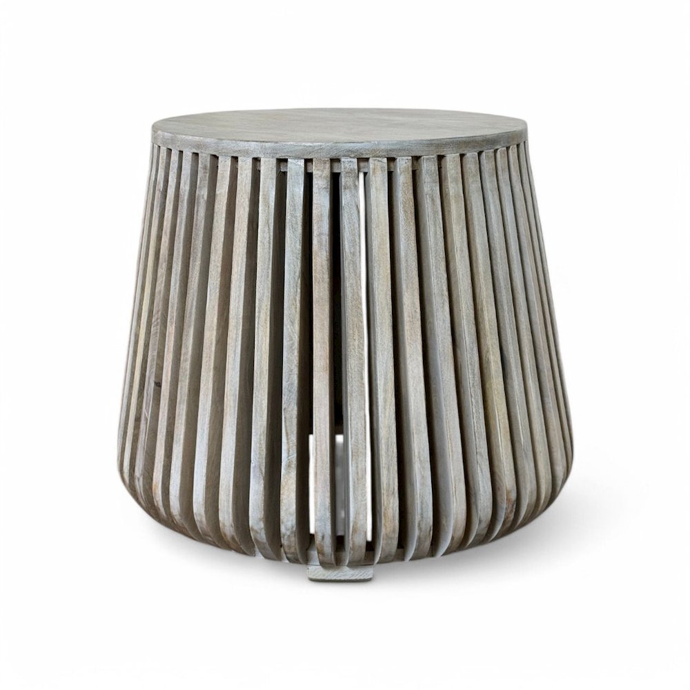 Cascade 24"x21" Slatted Bell Shaped Side Table - Whitewash. Picture 1