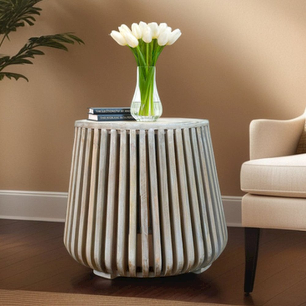 Cascade 24"x21" Slatted Bell Shaped Side Table - Whitewash. Picture 8