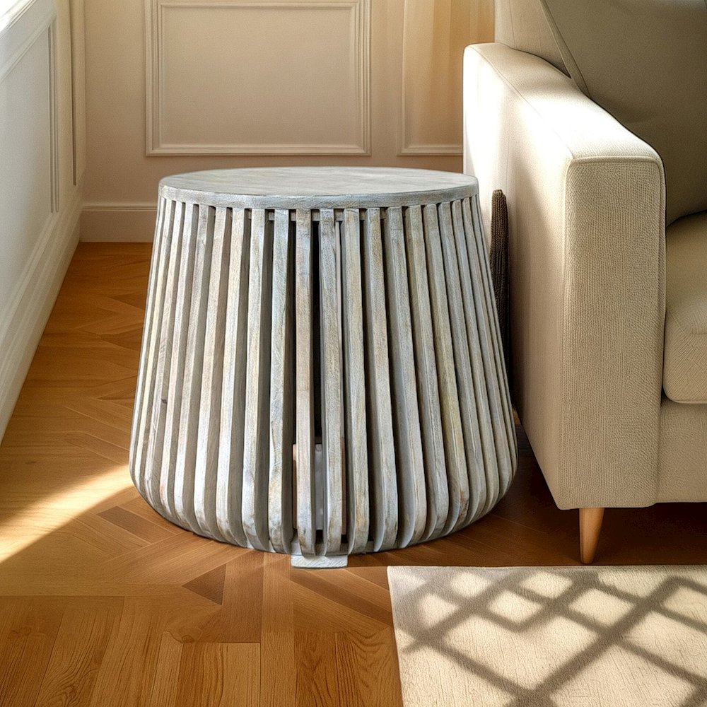 Cascade 24"x21" Slatted Bell Shaped Side Table - Whitewash. Picture 7