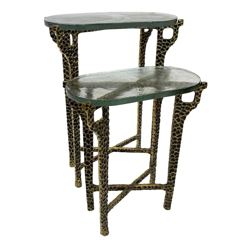 Ignis 26" Hammered Frame with Recycled Glass Nesting Table Set - Hammered Brass. Picture 1
