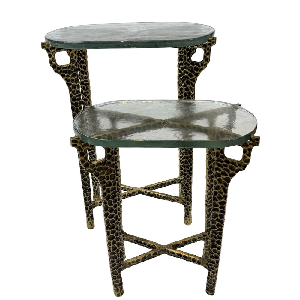 Ignis 26" Hammered Frame with Recycled Glass Nesting Table Set - Hammered Brass. Picture 2