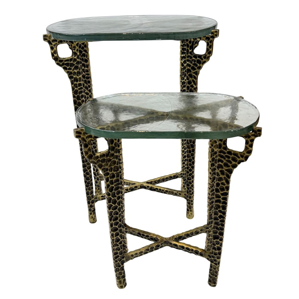 Ignis 26" Hammered Frame with Recycled Glass Nesting Table Set - Hammered Brass. Picture 3