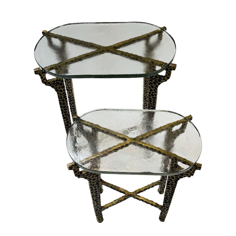 Ignis 26" Hammered Frame with Recycled Glass Nesting Table Set - Hammered Brass. Picture 4