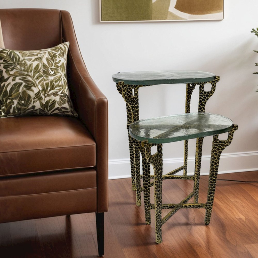 Ignis 26" Hammered Frame with Recycled Glass Nesting Table Set - Hammered Brass. Picture 6