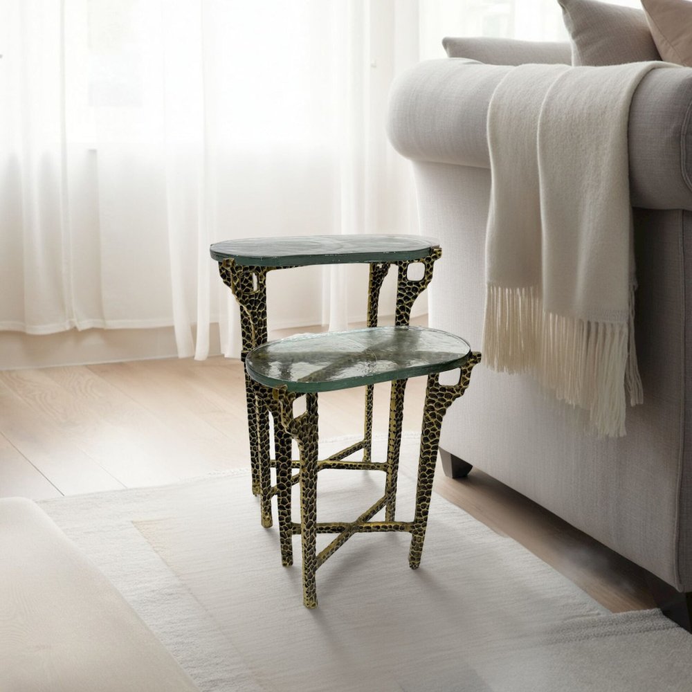 Ignis 26" Hammered Frame with Recycled Glass Nesting Table Set - Hammered Brass. Picture 7