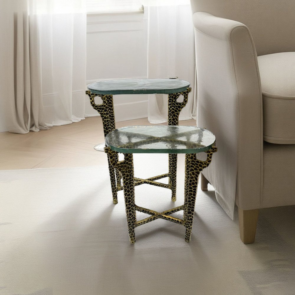 Ignis 26" Hammered Frame with Recycled Glass Nesting Table Set - Hammered Brass. Picture 8
