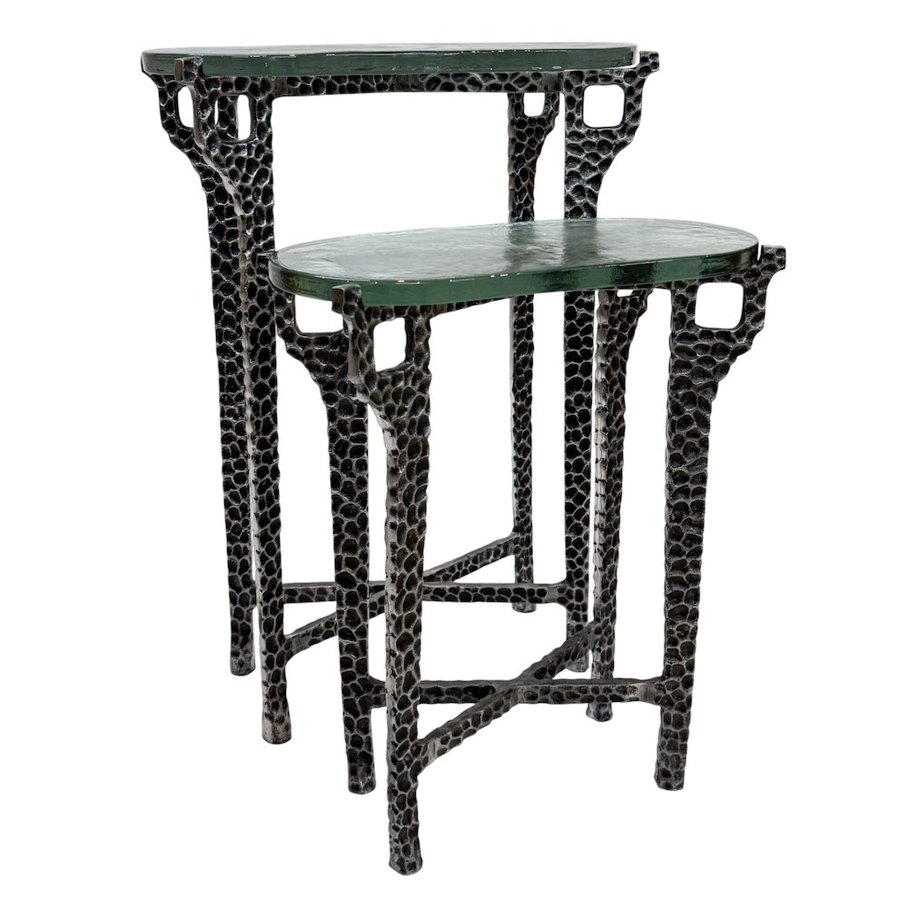 Ignis 26" Hammered Frame with Recycled Glass Nesting Table Set - Hammered Nickel. Picture 1
