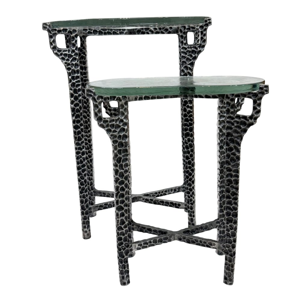 Ignis 26" Hammered Frame with Recycled Glass Nesting Table Set - Hammered Nickel. Picture 2