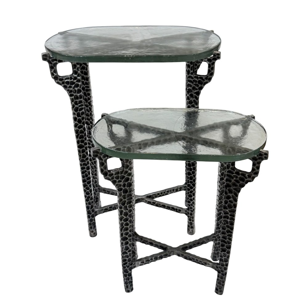 Ignis 26" Hammered Frame with Recycled Glass Nesting Table Set - Hammered Nickel. Picture 3