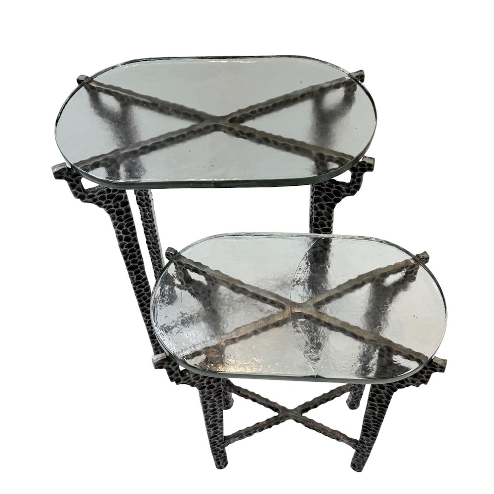 Ignis 26" Hammered Frame with Recycled Glass Nesting Table Set - Hammered Nickel. Picture 4