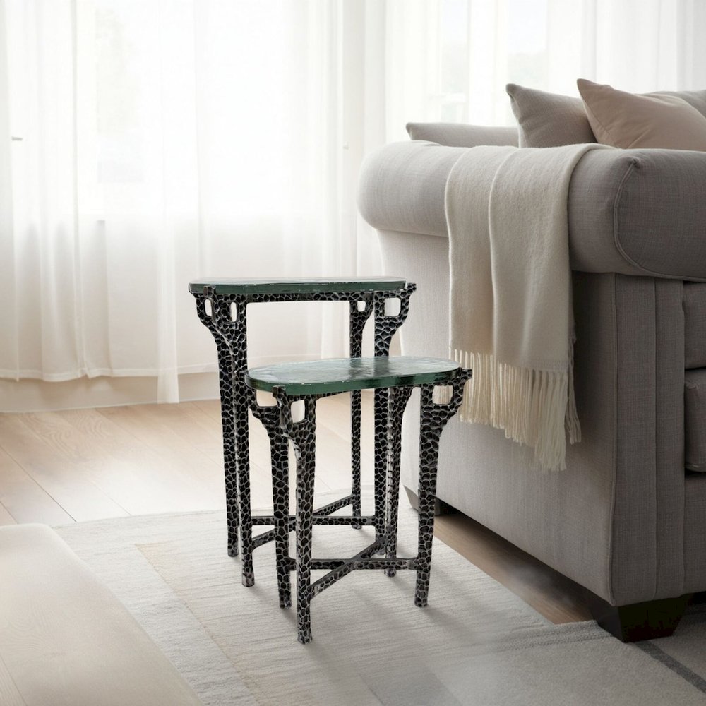Ignis 26" Hammered Frame with Recycled Glass Nesting Table Set - Hammered Nickel. Picture 5