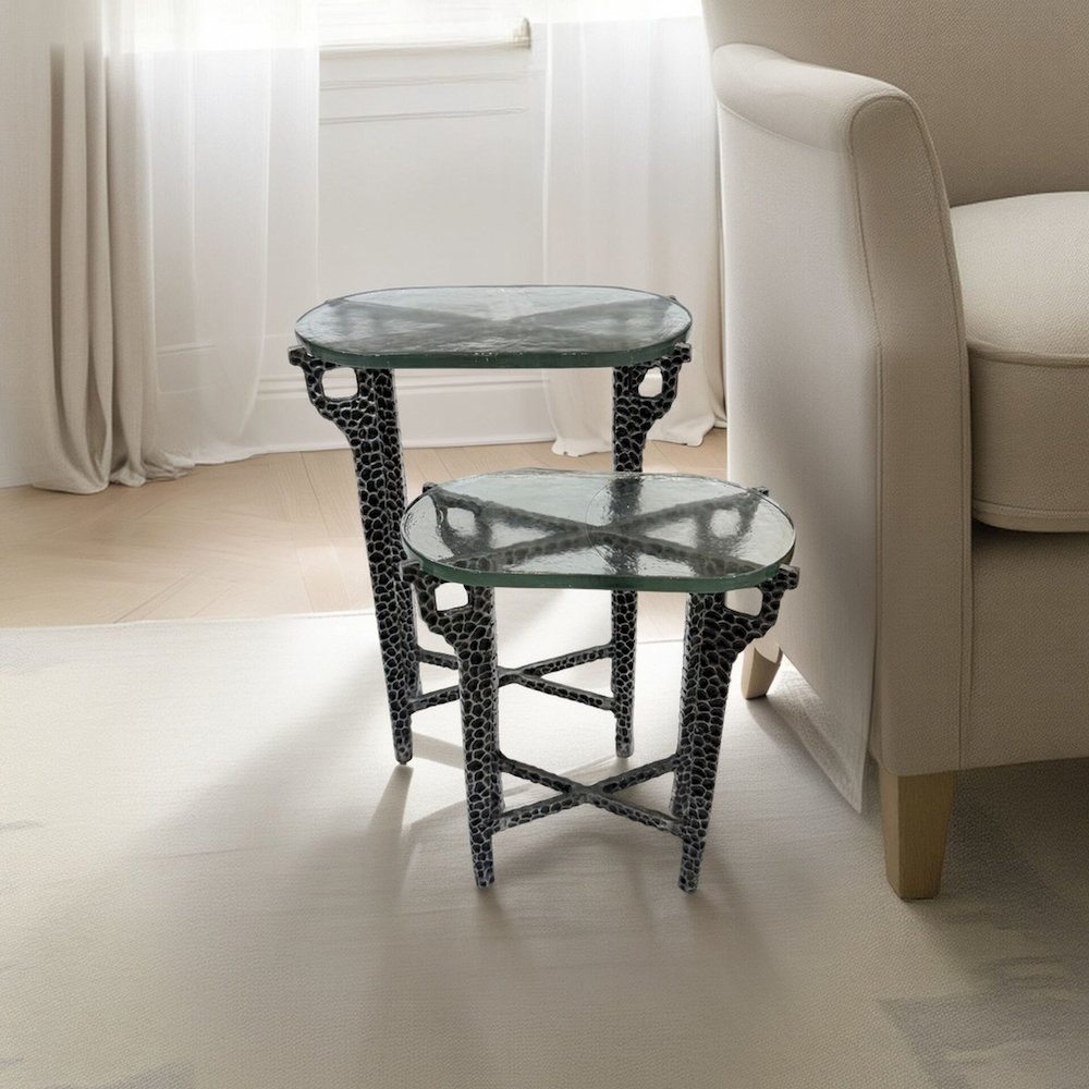Ignis 26" Hammered Frame with Recycled Glass Nesting Table Set - Hammered Nickel. Picture 6