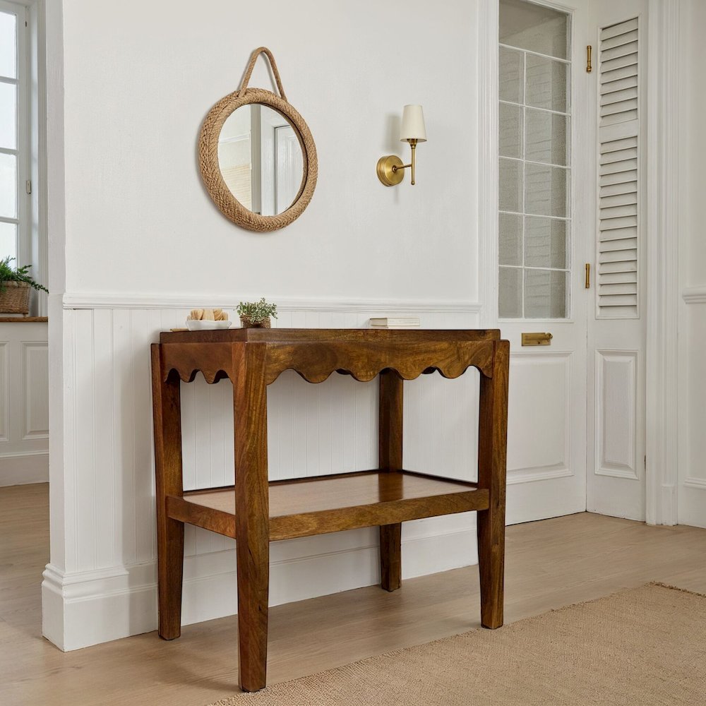 Rectangular Mango Wood Side Table - Decorative Edge and Lower Shelf, Chestnut. Picture 6