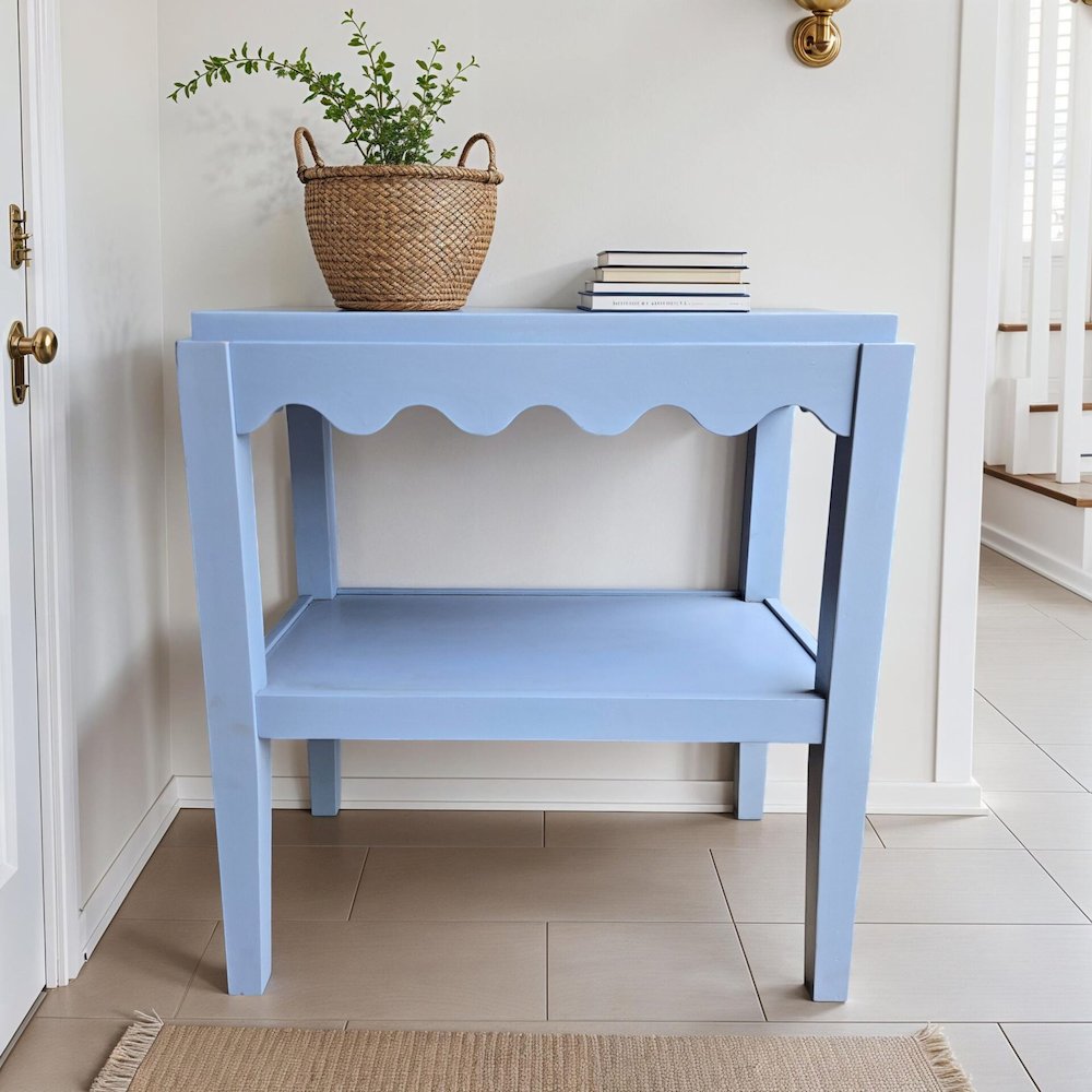 Rectangular Mango Wood Side Table - Decorative Edge and Lower Shelf, Light Blue. Picture 5