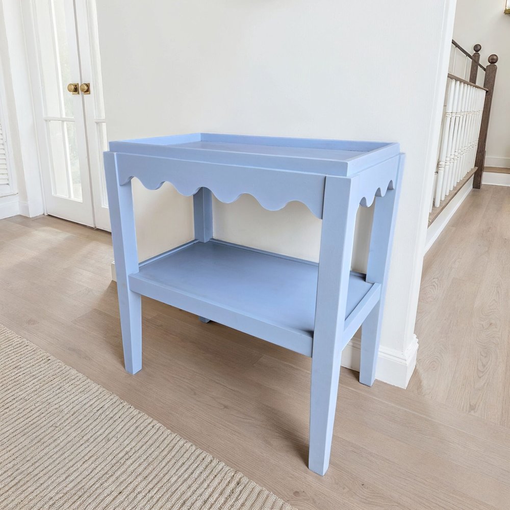 Rectangular Mango Wood Side Table - Decorative Edge and Lower Shelf, Light Blue. Picture 6
