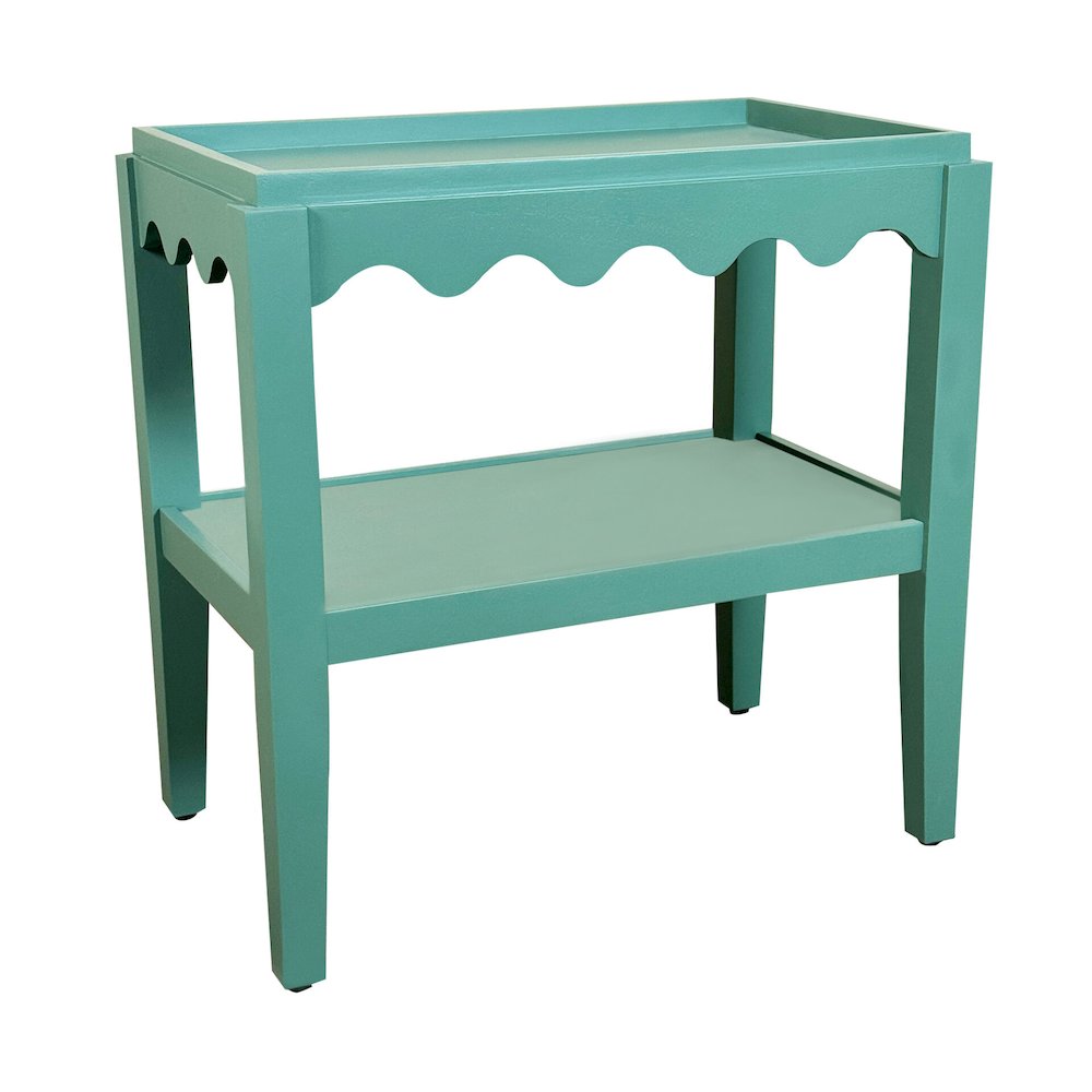 Rectangular Mango Wood Side Table,Decorative Edge and Lower Shelf,Seagrass Green. Picture 1