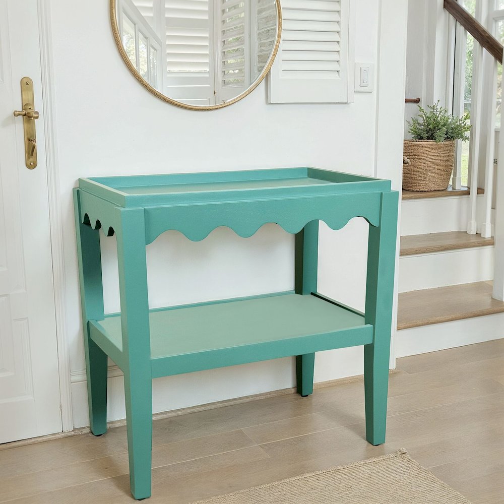 Rectangular Mango Wood Side Table,Decorative Edge and Lower Shelf,Seagrass Green. Picture 5