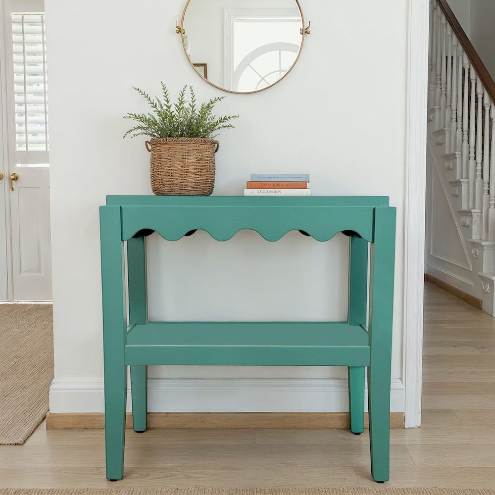 Rectangular Mango Wood Side Table,Decorative Edge and Lower Shelf,Seagrass Green. Picture 6