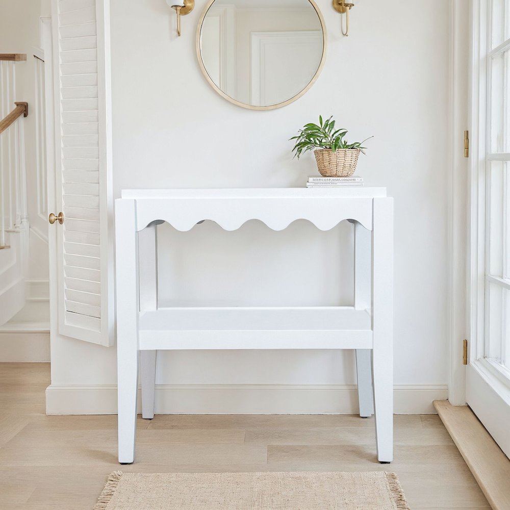 Rectangular Mango Wood Side Table - Decorative Edge and Lower Shelf, White. Picture 7