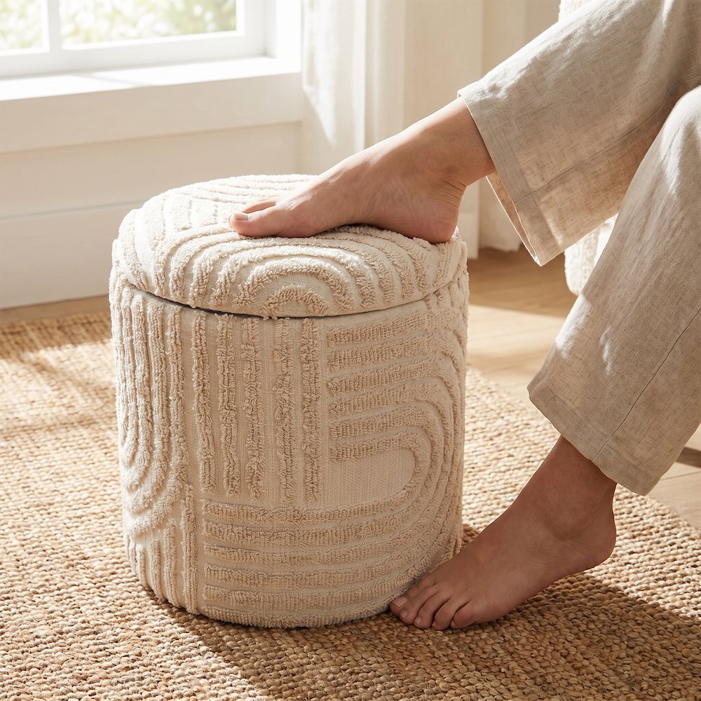 Handwoven Fabric Storage Ottoman - Multi-Purpose Foot Rest Beige. Picture 2