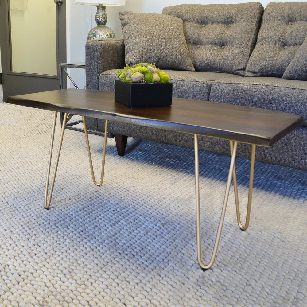 Seti Live Edge Coffee Table/Bench - Elm Top - Gold Base. Picture 5