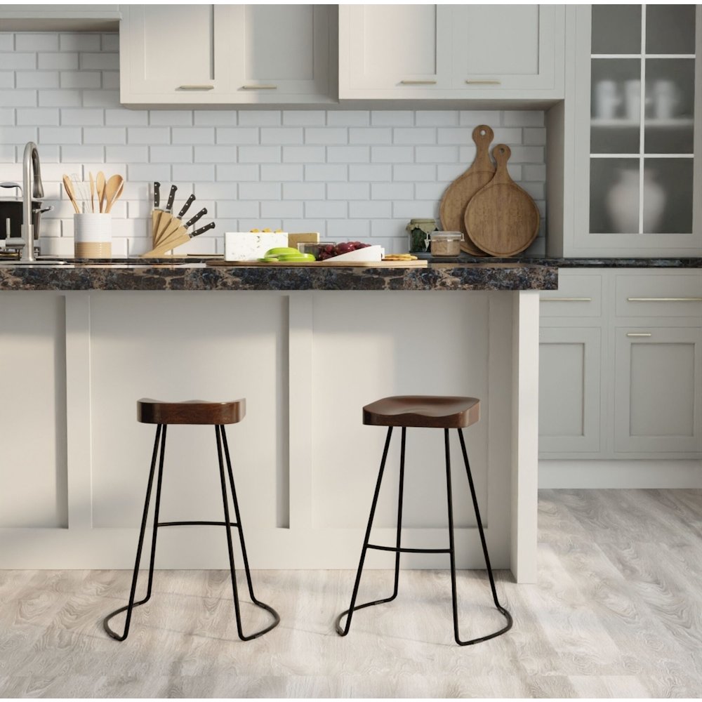 25" Metal Base Saddle Seat Counter Stool - Set of 2 - Chestnut Seat - Black Base. Picture 7