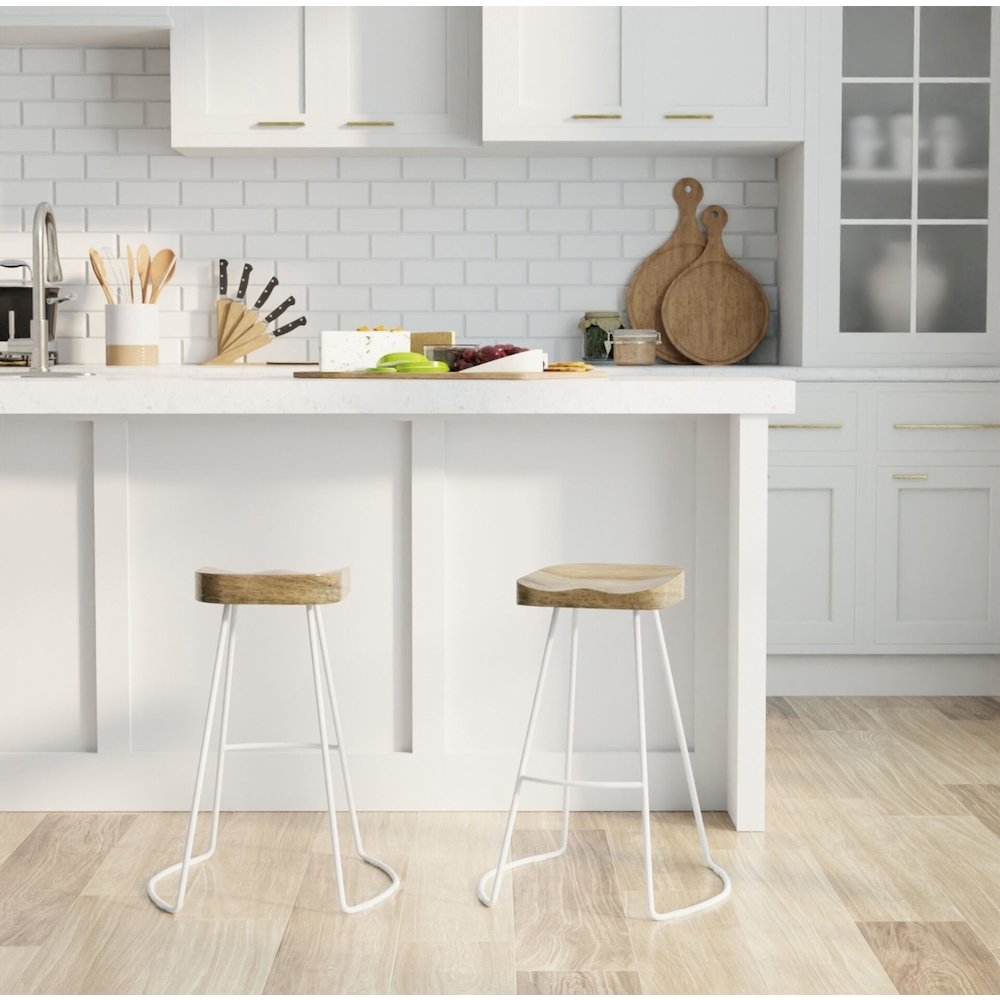25" Metal Base Saddle Seat Counter Stool - Set of 2 - Natural Seat - White Base. Picture 5