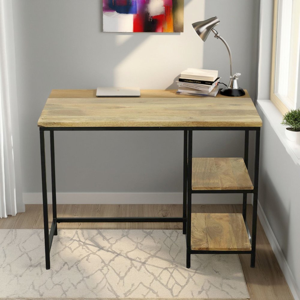 Brayden 42" Wide Two Shelf Metal and Wood Desk - Natural/Black. Picture 5