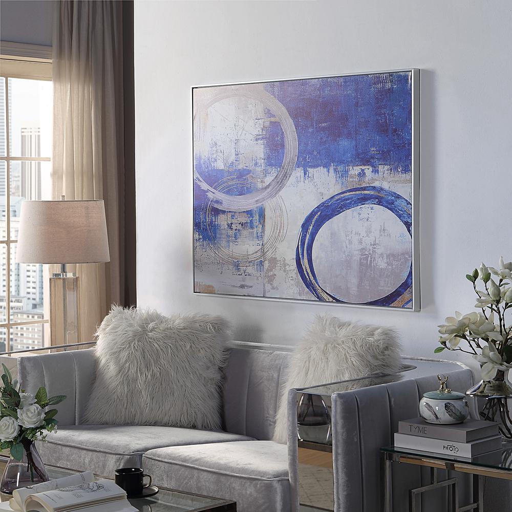 Circle Abstract Wall Art - Blue/Silver - Silver Frame - Large. Picture 3