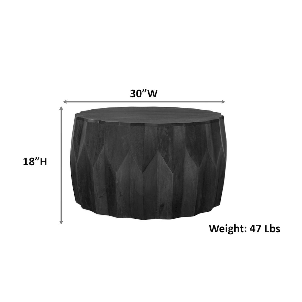 Facet 30" Diamond Carved Round Mango Wood Coffee Table, Walnut Finish. Picture 9