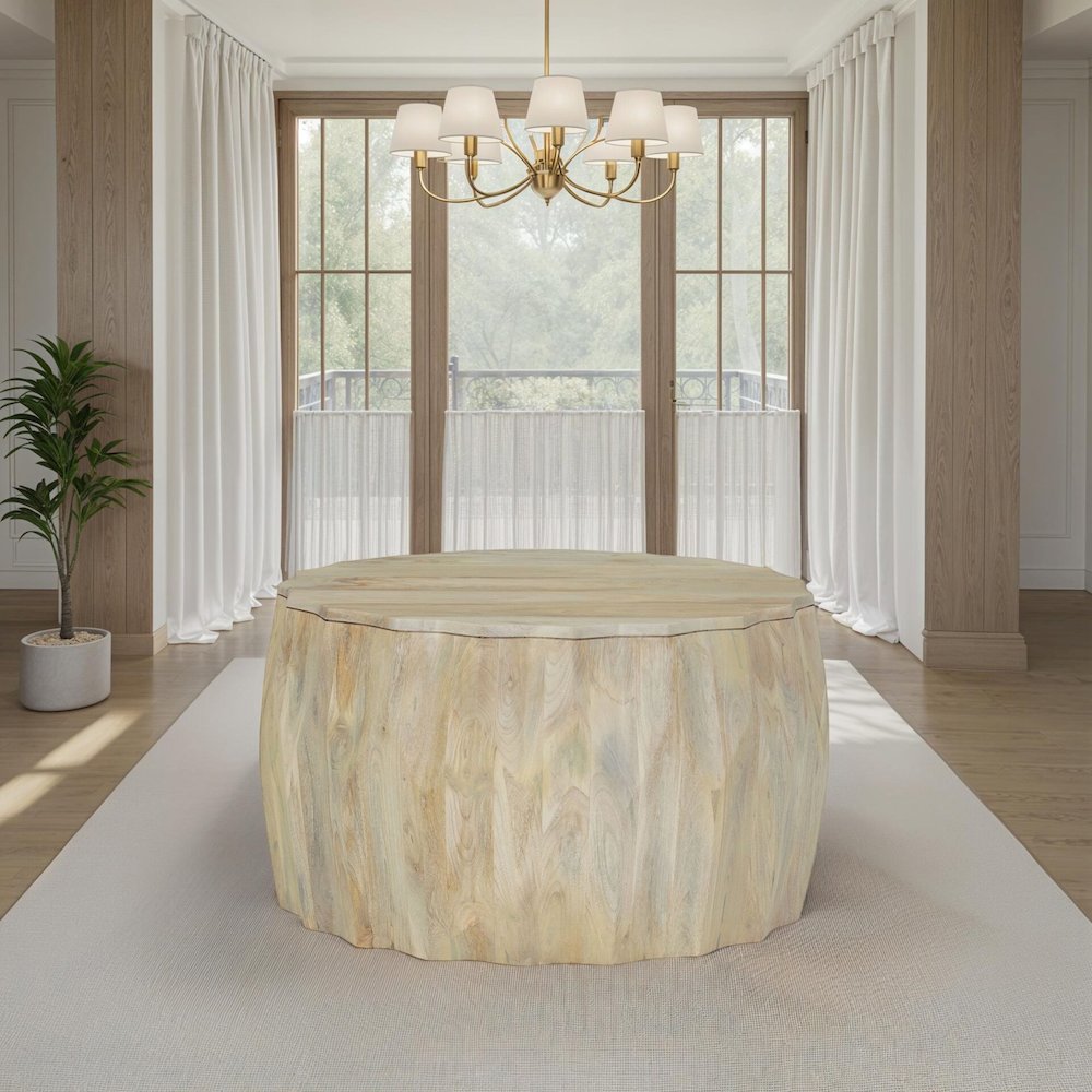 Facet 30" Diamond Carved Round Mango Wood Coffee Table, Walnut Finish. Picture 7
