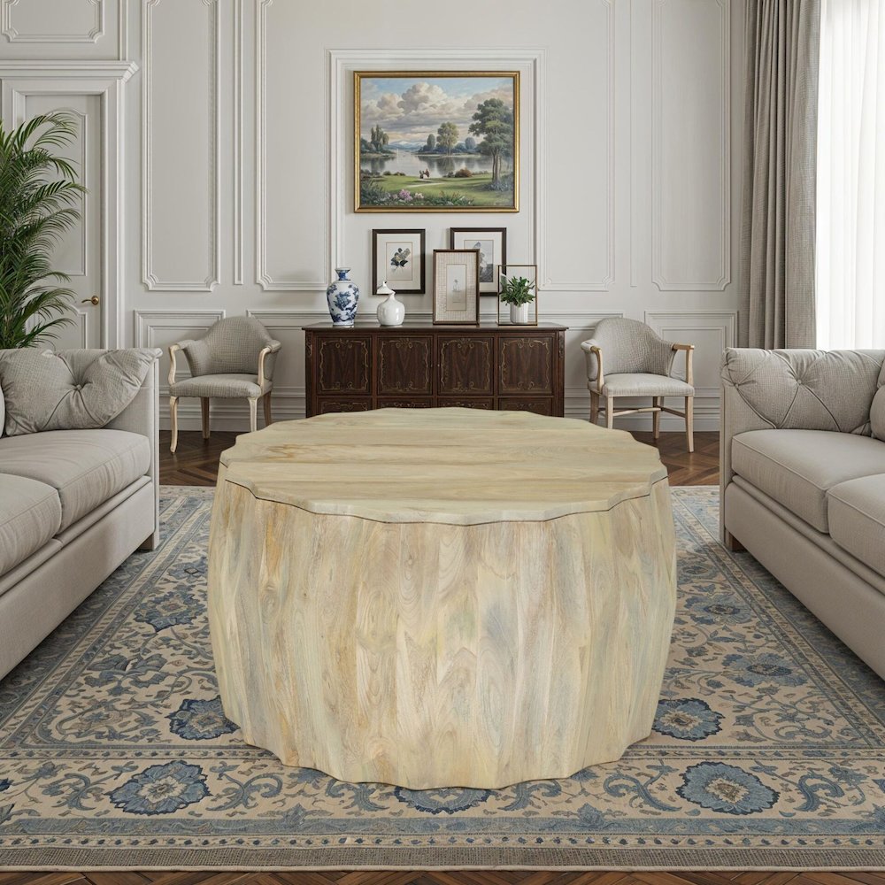 Facet 30" Diamond Carved Round Mango Wood Coffee Table, Walnut Finish. Picture 8