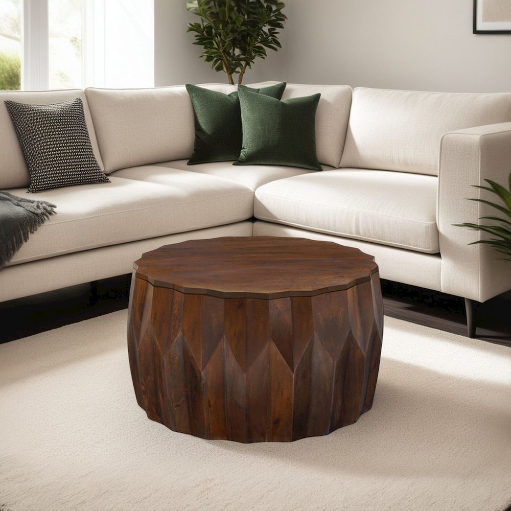 Lina 30" Diamond Facet Mango Wood Coffee Table - Walnut. Picture 5