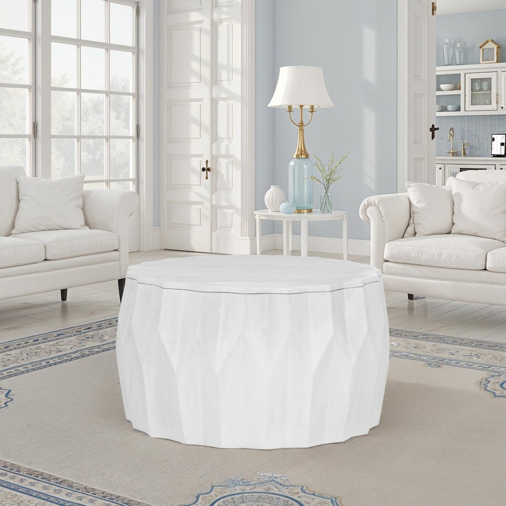 Facet 30" Diamond Carved Round Mango Wood Coffee Table, Walnut Finish. Picture 6