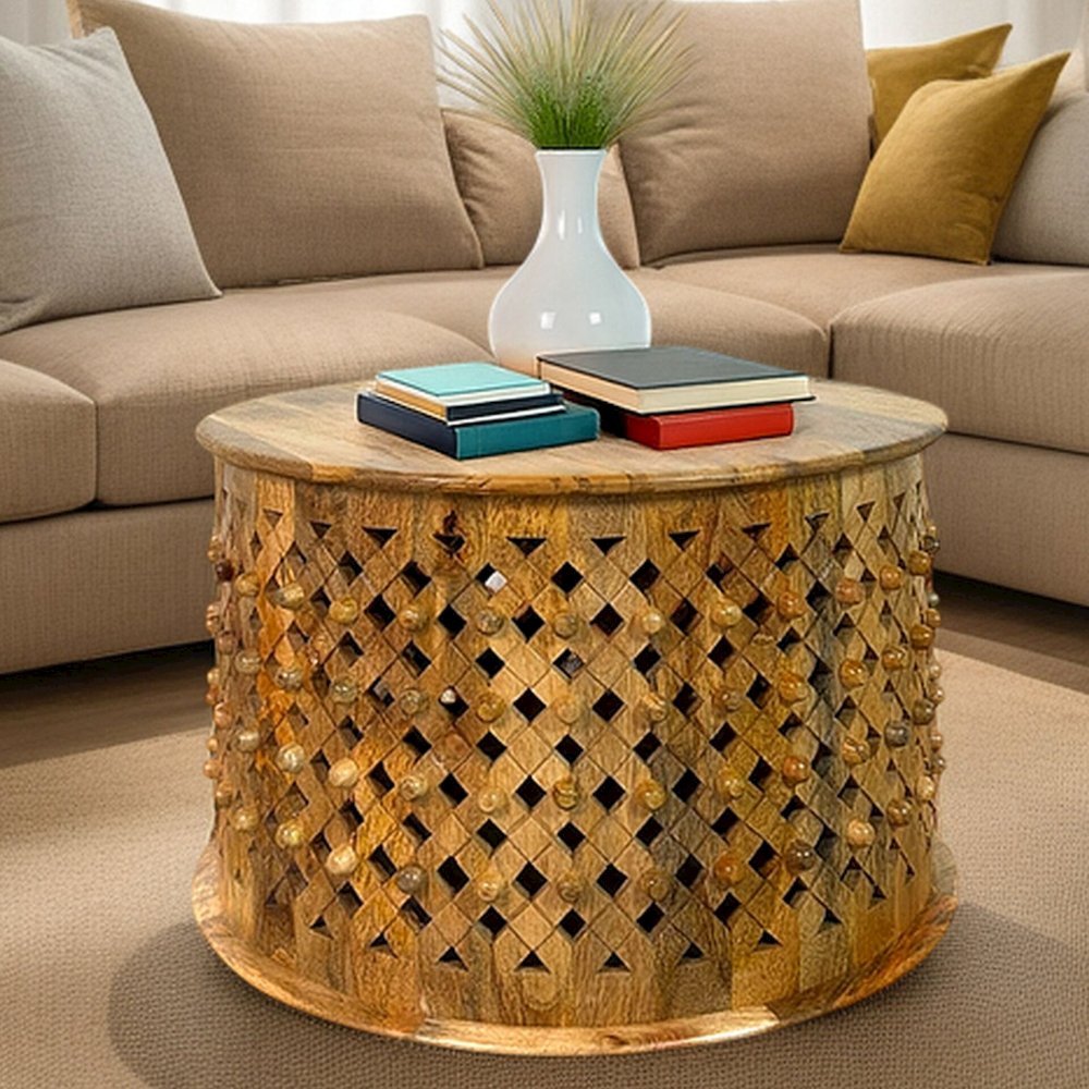 Artisan 30" Lattice Weave Mango Wood Coffee Table - Natural. Picture 7