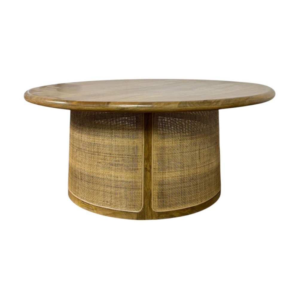 Marlowe 40" Cane Drum Base Coffee Table - Blonde Acacia. Picture 1