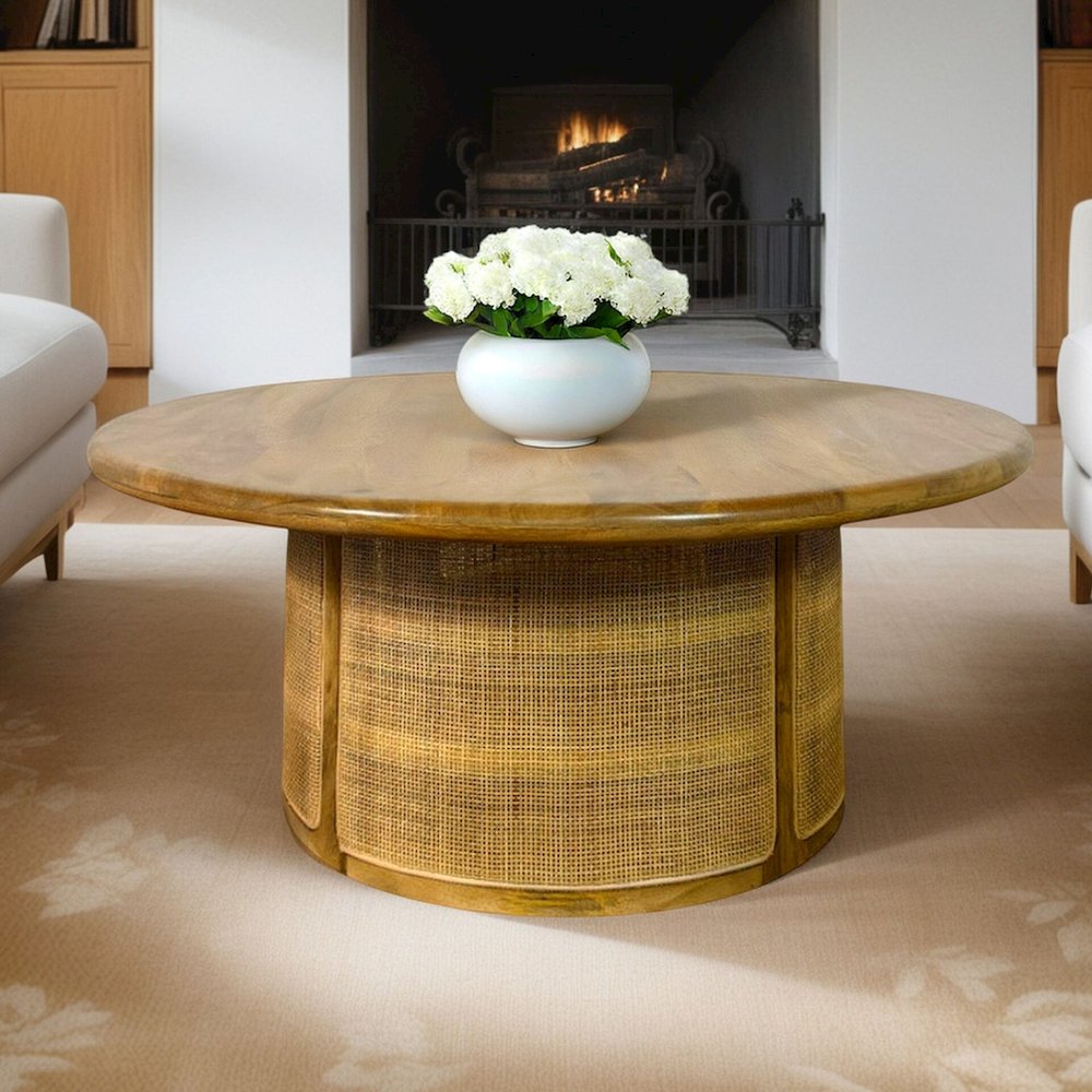 Marlowe 40" Cane Drum Base Coffee Table - Blonde Acacia. Picture 8