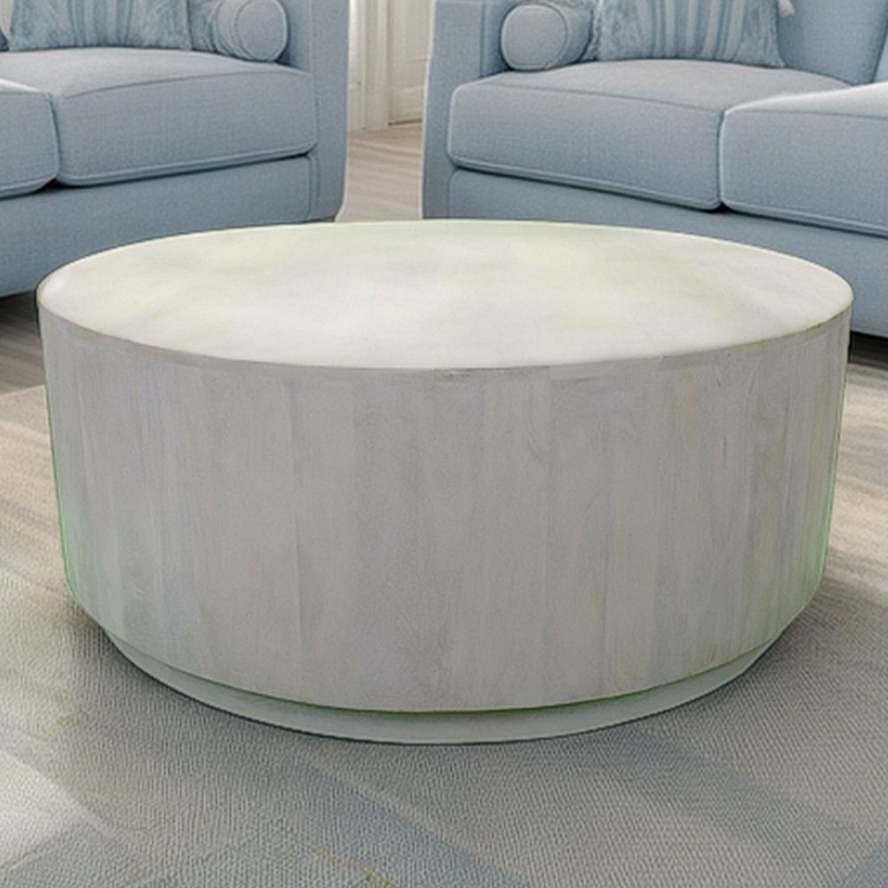 Tamia 42" Round Wooden Coffee Table - Distressed White. Picture 8