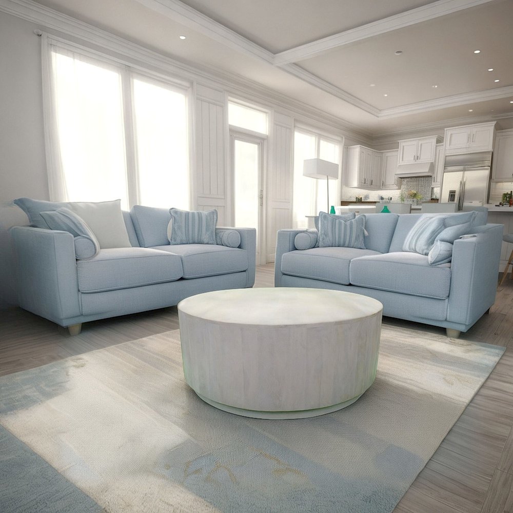 Tamia 42" Round Wooden Coffee Table - Distressed White. Picture 9