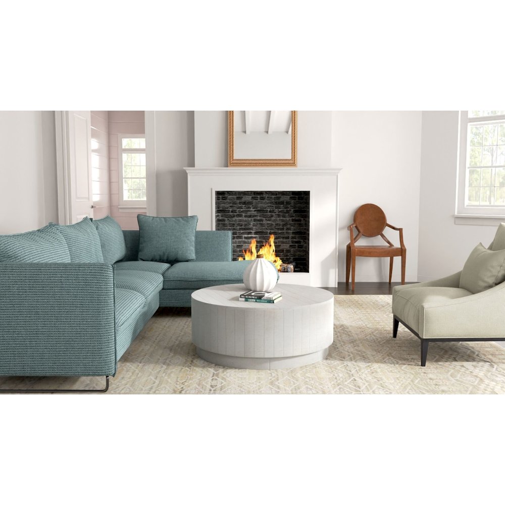 Tamia 42" Round Wooden Coffee Table - Distressed White. Picture 5