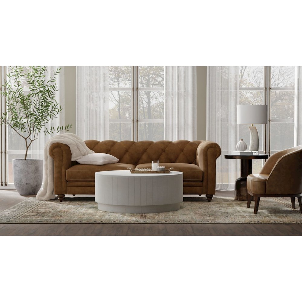 Tamia 42" Round Wooden Coffee Table - Distressed White. Picture 7