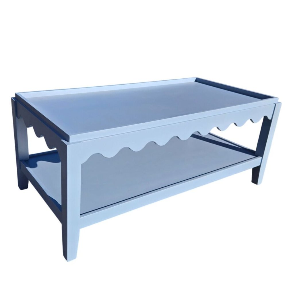 Scallop Coffee Table - Rectangular Mango Wood Side Table - Lower Shelf. Picture 10