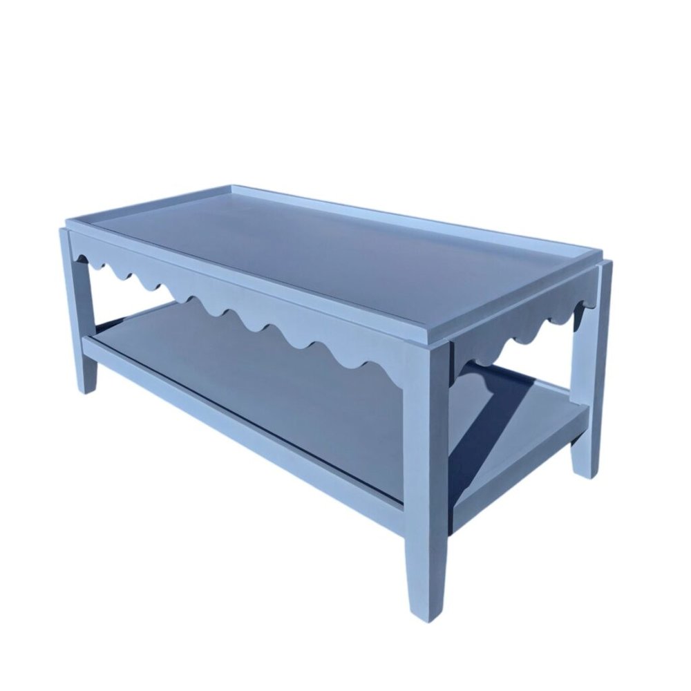 Scallop Coffee Table - Rectangular Mango Wood Side Table - Lower Shelf. Picture 2