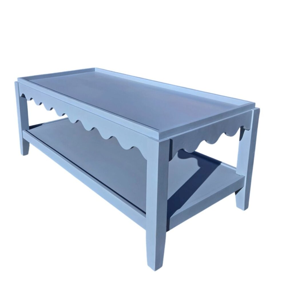 Scallop Coffee Table - Rectangular Mango Wood Side Table - Lower Shelf. Picture 3