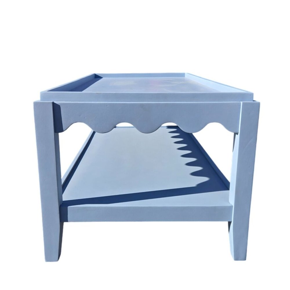 Scallop Coffee Table - Rectangular Mango Wood Side Table - Lower Shelf. Picture 4