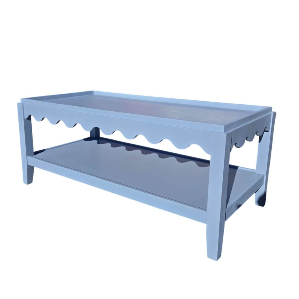 Scallop Coffee Table - Rectangular Mango Wood Side Table - Lower Shelf. Picture 6