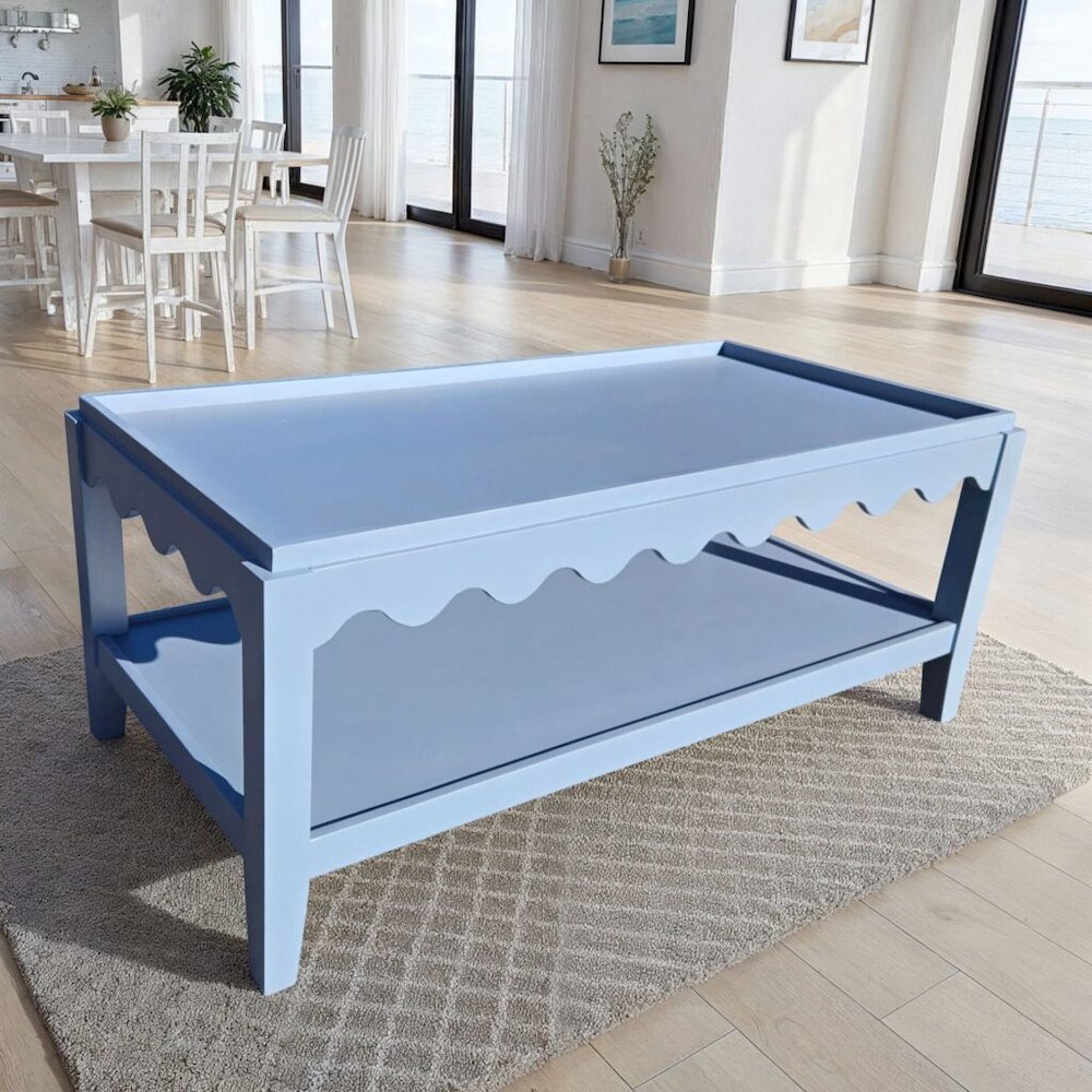 Scallop Coffee Table - Rectangular Mango Wood Side Table - Lower Shelf. Picture 12