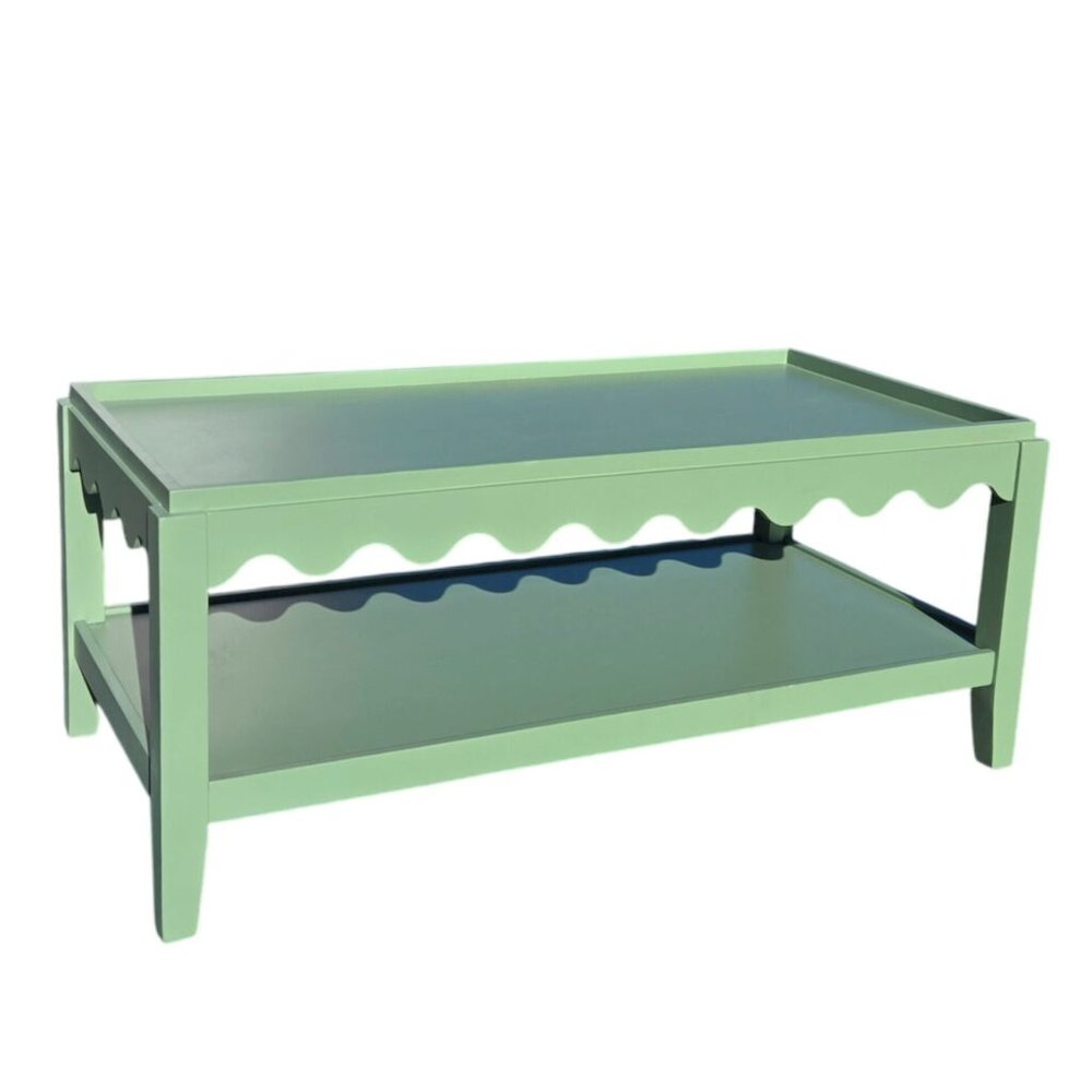 Scallop Coffee Table - Rectangular Mango Wood Side Table - Lower Shelf. Picture 4